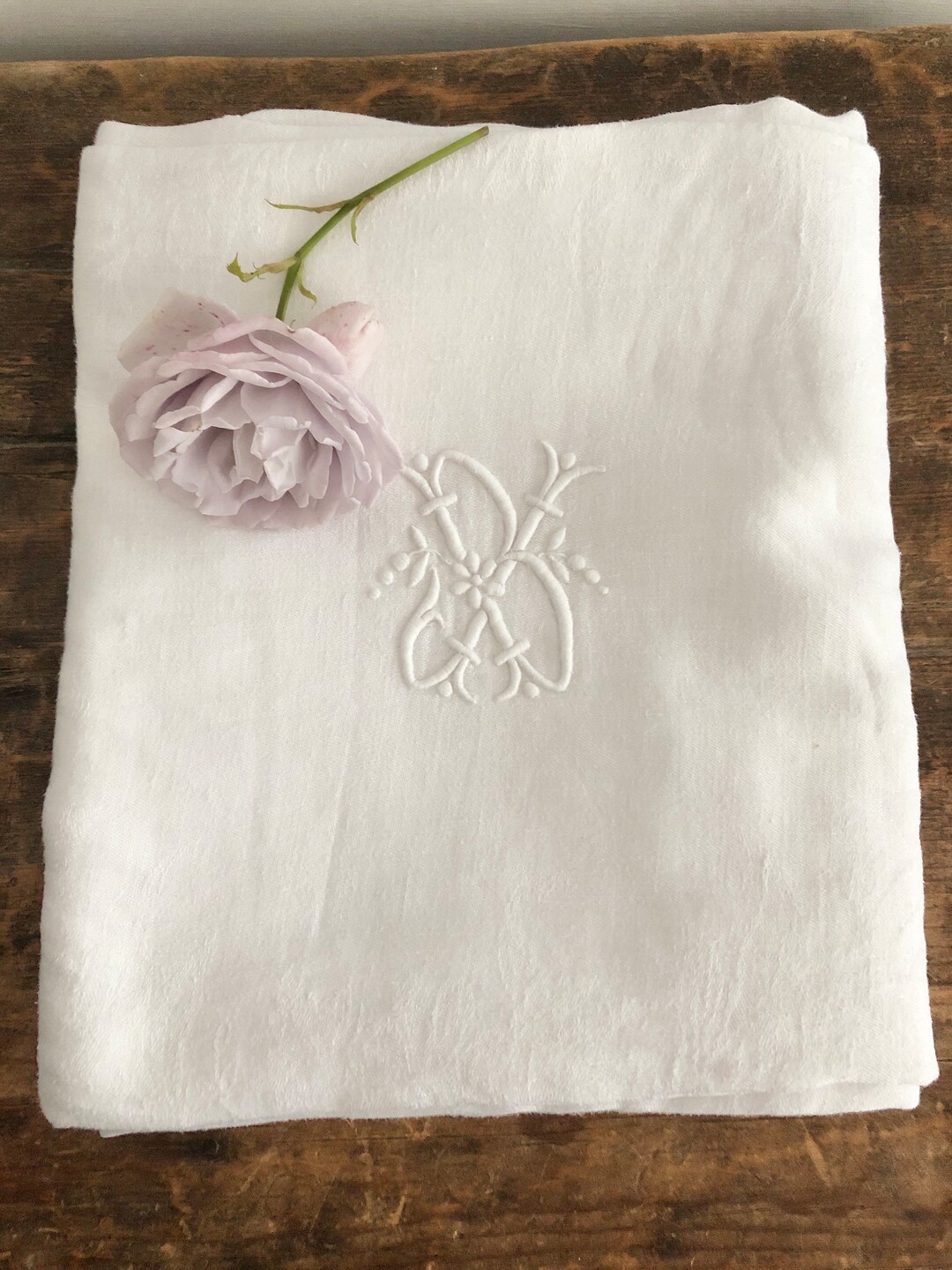 Vintage French Large White Tablecloth, Beautiful Embroidered JB or IB