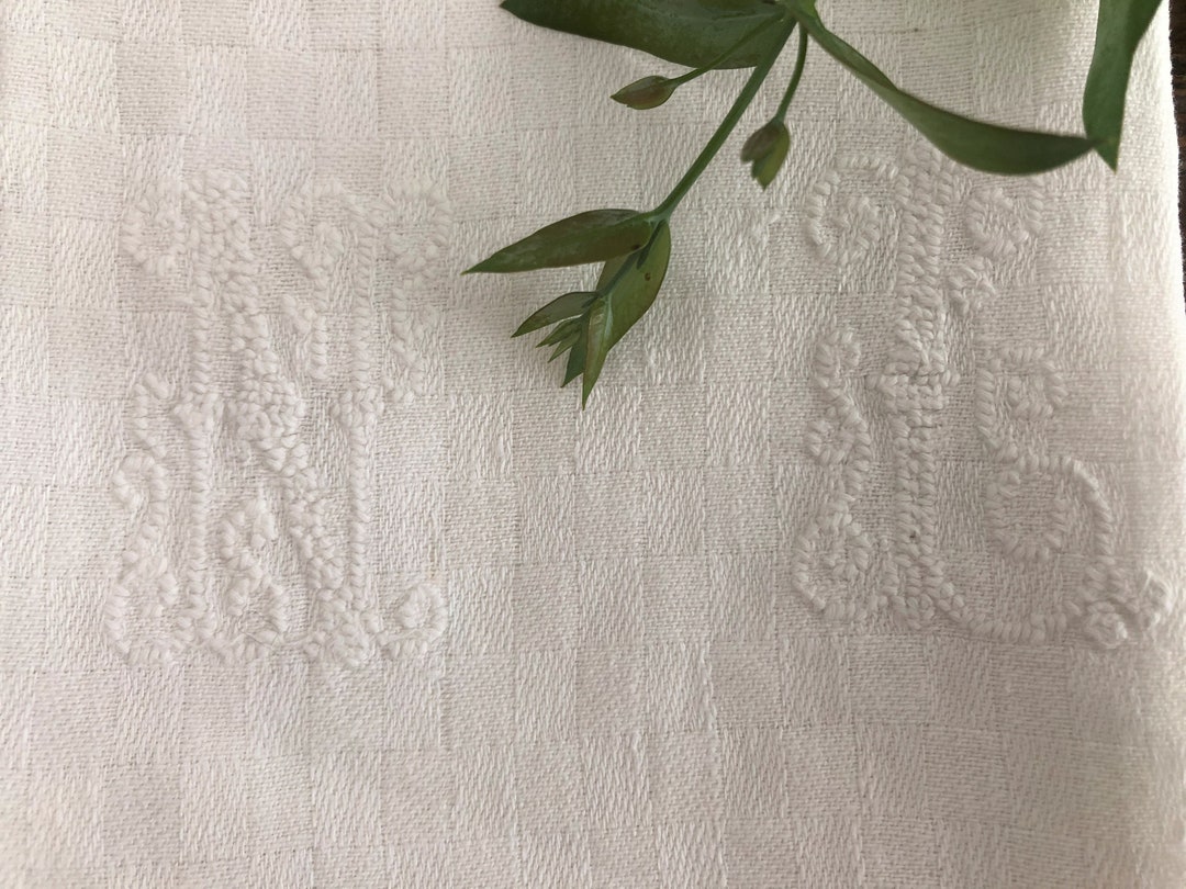 Pretty XL Vintage French White Linen Napkin, Embroidered Monogram of NL ...