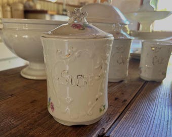 Charming Antique French White Gilded Porcelain Sucre/Sugar Pot/Jar - scrolled relief work with pretty pink/blue/green floral design.