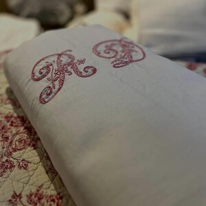 Lovely Vintage French XL Heavy Cotton Sheet, Monogrammed 'RD', bridal/heirloom, in pretty raspberry red and white embroidery!
