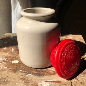 Vintage French Earthenware Moutarde pot with original red plastic lid - Moutarde de Meaux Pommery