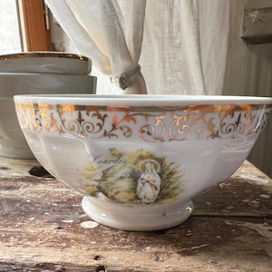 Pretty Vintage Limoges French Cafe au Lait Bowl with Valerie written on side and image of L&#39;Apparition, a souvenir from Lourdes