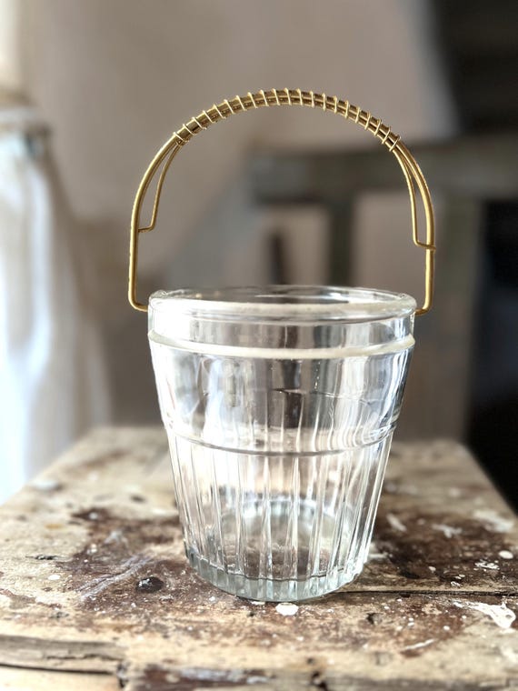 Vintage French Glass Ice Bucket with Twisted Gold Handle, Retro Barware