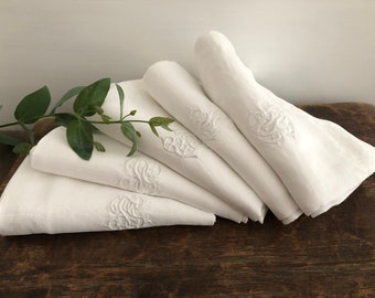 5 Antique French White Linen Napkins - finest, softest damask linen,beautiful embroidered monograms - SG/SF