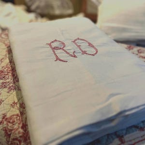 Pretty Vintage French XL Heavy Cotton Sheet, Monogrammed 'PD', bridal/heirloom, in pretty raspberry red embroidery - great for cushions!