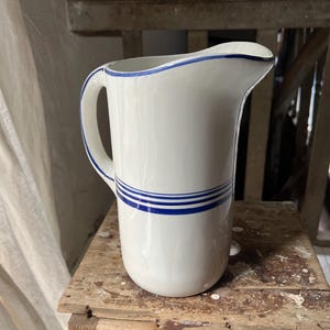 Rare Beautiful Tall White Ironstone Antique French Pitcher/Jug with navy stripes - by Faiencerie D’Onnaing circa 1910. In perfect condition!