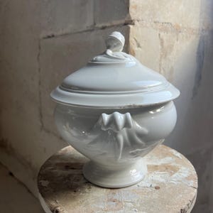 May include: A white ceramic tureen with a matching lid featuring a decorative finial handle. The bowl has a rounded body, a pedestal base, and two side handles with embossed leaf-like details. There is a small area of discoloration on the rim.