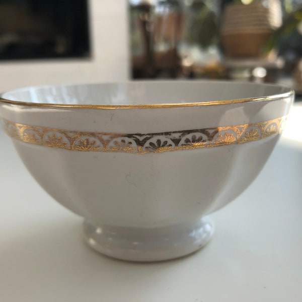Sweet Small Vintage French White Porcelain Café au Lait Bowl with Pretty Gilded Design on Rim, marked Porcelaine Val D'or