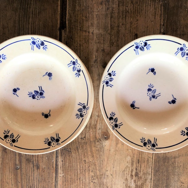 Rustic Pair of Pretty Vintage French Soup Bowls with Blue Floral Design by St Amand, design no. 2018, crazing and teastaining, great patina!