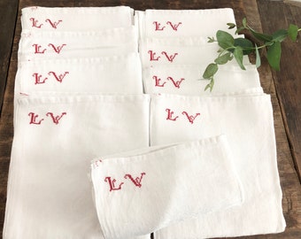 Beautiful set of 9 Antique French XXL White Linen Napkins, red monogram LV - beautiful damask design with red embroidered monogram