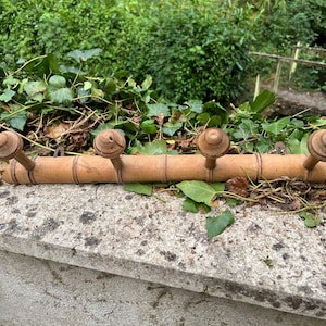 Vintage French Wooden Peg Rail/Coat Rack, lovely faux bamboo design, 4 knobs, lovely worn colour of the wood, no varnish, very rustic