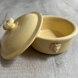 May include: A pale yellow ceramic lidded bowl featuring a smooth, glossy finish. The lid is topped with a small, textured knob, while the exterior of the bowl is decorated with a singular, molded lion head relief detail on the front side.