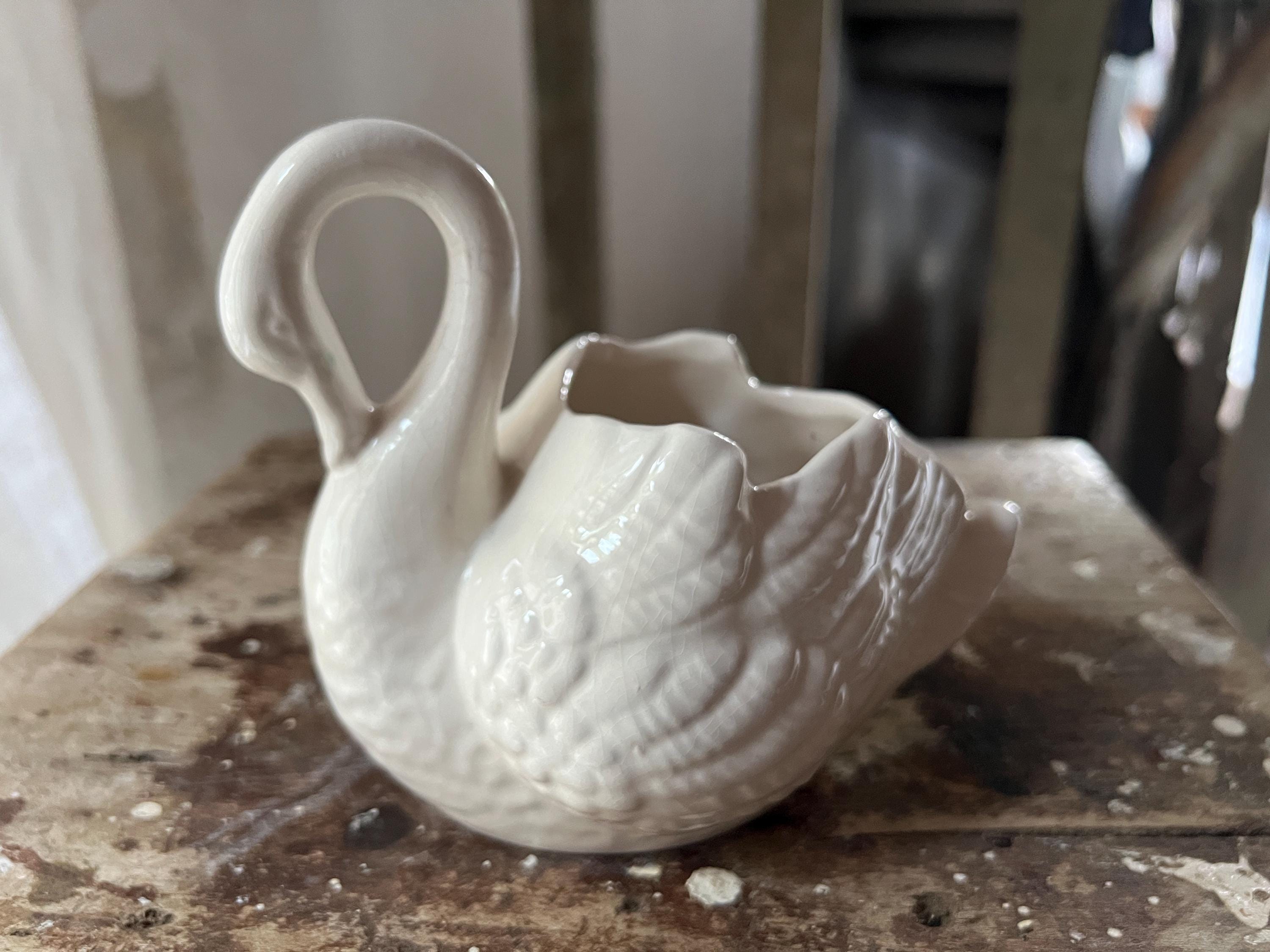 Elegant Vintage French White Porcelain Swan, Open Back for a