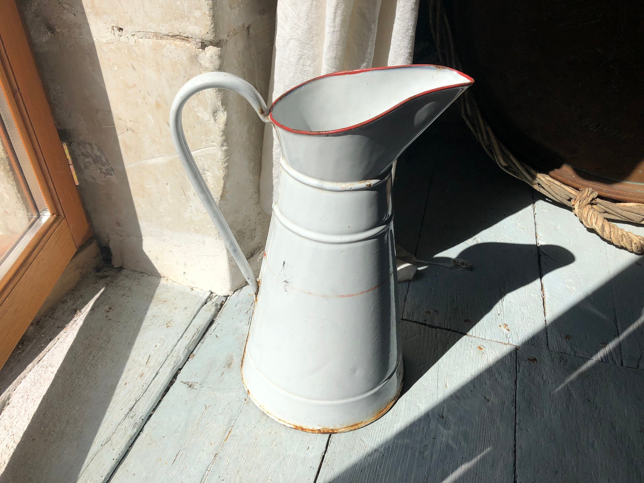 Rustic Farmhouse Vintage French White Enamel Pitcher/Jug with faded old red rim around centre and rim!