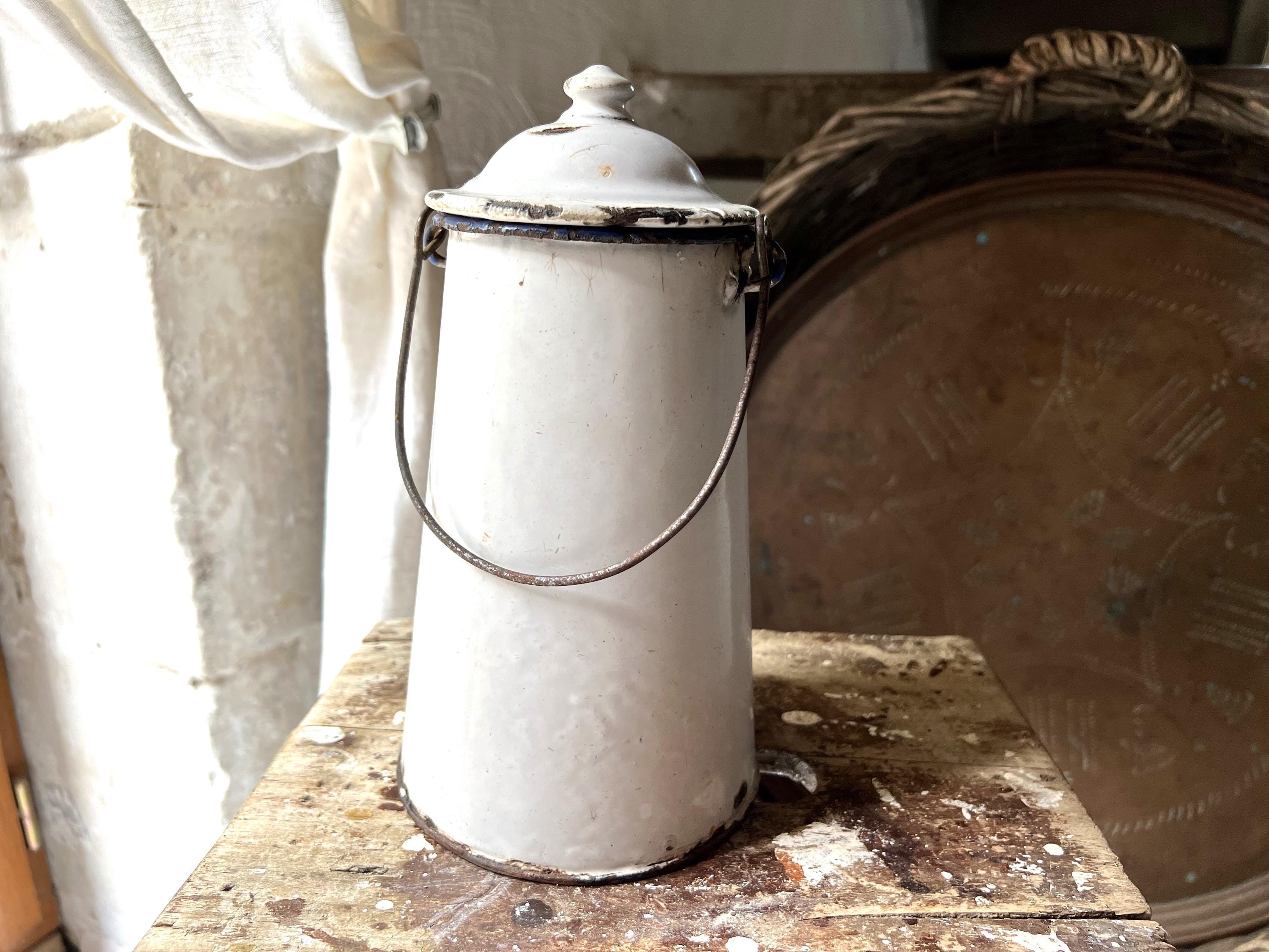 Rustic Vintage French White Enamel Pail with Wire Handle & Lid - bit chippy but adds to its appear - great for fresh flowers!