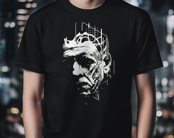 Camiseta con arte cyberpunk glitch, moda distópica, ropa urbana