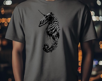 Seahorse Skeleton Mens T-Shirt, Dark Unicorn Seahorse, Dark Art Shirt, Gothic Clothing, Gothic Shirt, Streetwear Shirt, Street Art Shirt