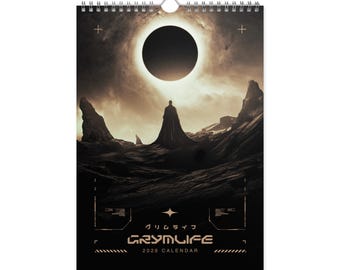 Grymlife Wall Calendar 2026, dark fantasy sci-fi artwork, graphic design, digital modern art decor