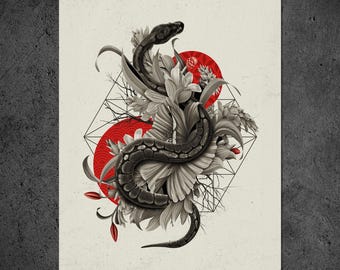 Floral Snake Art Print, Vintage Botanical, Dark Academia Wall Decor