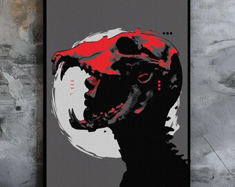 Animal Skull Glitch Poster, Dystopian Sci-Fi Art, Abstract Cyberpunk Street Art, Stencil Graphic