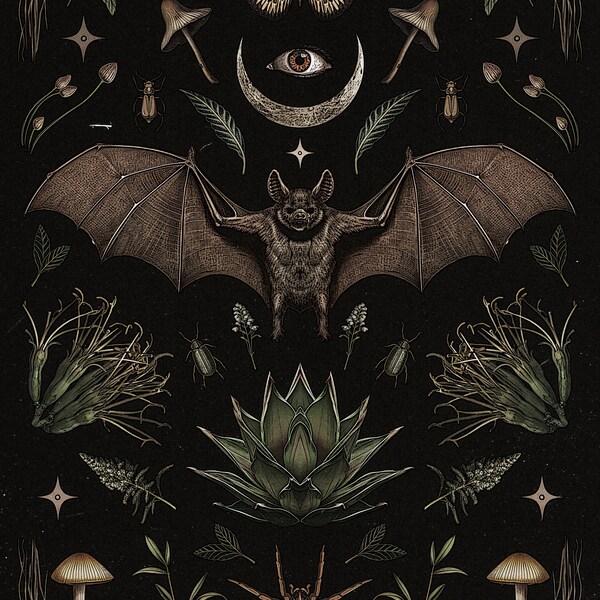 Vintage Style Bat and Botanical Art Print/Bat Poster/ Halloween Wall Art/Bat Folk Art
