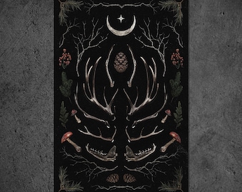 Dark Yule Art Print, Vintage Botanical Bone Design, Winter Solstice Poster