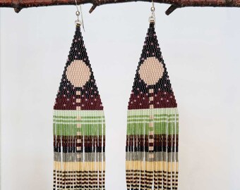 Pink Moon Landscape Beaded Fringe Earrings