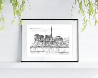 Digital Download Print / Original Pencil & Ink Drawing of Notre-Dame Cathedral, Paris / France Landmark Travel Art Gift