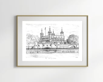 Digital Download/ Tower of London Original Ink Drawing/ Iconic London City Gift/ Historic England Wall Art Decor/ Travel Art Castle Print