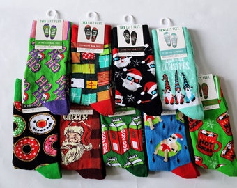 May include: A set of ten colorful Christmas themed socks with various designs, including Santa Claus, donuts, gnomes, and a snowman. The socks are all made of cotton and have a fun, festive feel.