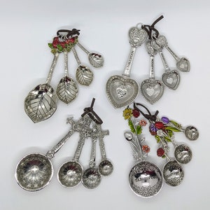 4 Piece Measuring Spoons with Frogs Wine  Dragon Flies Crosses Flowers Beneath the Sea Birds Cardinals
