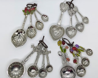 4 Piece Measuring Spoons with Hearts Cardinals Dragon Flies Flowers Beneath the Sea Birds Crosses and Angels