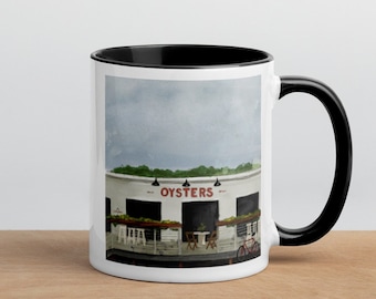 Portland Maine Oyster Shop Coffee Mug, Color Handle Ceramic Coffee Mug, Oyster Sunday Painting