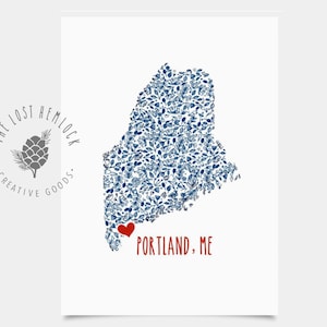 Maine Postcard Prints  -  Portland, Maine Blue Floral Postcard - State Shape Postcards