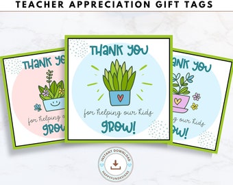 Thank You for Helping Our Kids Grow Tags Printable, Teacher Appreciation, Staff Appreciation, Teacher Day Thank You, Succulent Gift Tags