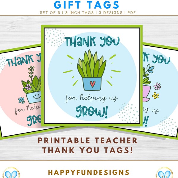 Teacher Appreciation Gift Tags Printable, Thank You for Helping Us Grow Printable Tags, Teacher Day Thank You Tags, Succulent Gift Tags, PDF