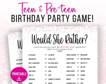 Would She Rather Birthday Game, Printable Party Games for Teens, Sleepover Games for Girls, Pink Slumber Party, Tween Birthday Party Ideas
