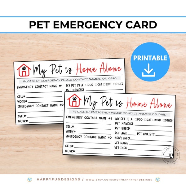 Haustier-Notfallkarte zum Ausdrucken, im Notfall, Kontaktkarte, kleine Haustierkarte, Haustier allein zu Hause, Haustierrettungs-ICE-Karte, Haustier-ID-Gesundheitskarte