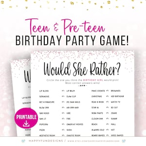 Would She Rather Birthday Game, Printable Party Games for Teens, Sleepover Games for Girls, Pink Slumber Party, Tween Birthday Party Ideas