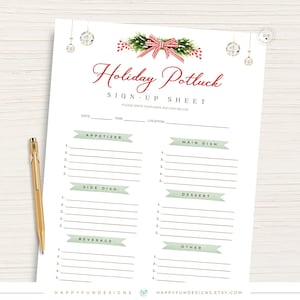 May include: Printable holiday potluck sign-up sheet with a festive green and red watercolour design. The sheet includes sections for appetisers, main courses, side dishes, desserts, beverages, and other. It also includes spaces for date, time, and location.