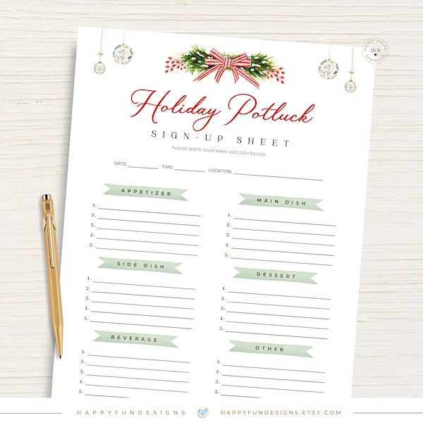 Holiday Potluck Sign Up Sheet Printable, Office Potluck, Christmas Food Sign Up Teacher Luncheon, Church Breakfast Potluck, Church Sister