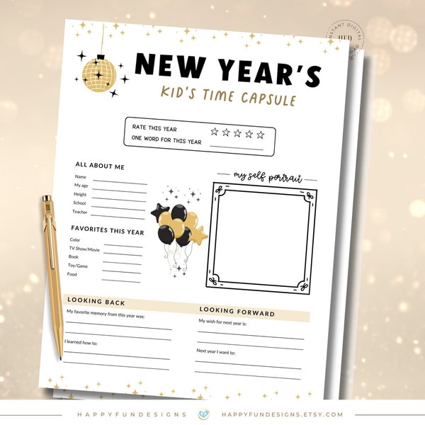 New Years Eve Kids Game, Time Capsule Questionnaire Printable, NYE Activity for Kids Noon Years Eve Party Game, Holiday Kids Table Activity