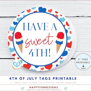 4 juli afdrukbaar koekjeslabel, Have a Sweet 4th, verjaardagsfeestje ijsje, rood-wit en blauw decor, label koekje, label koekje, pdf-bestand