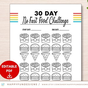 30 Day No Fast Food Tracker Printable, 30 Day Challenge Tracker, Editable Habit Tracker, 30 Day Weight Loss Challenge, Eating Disorders