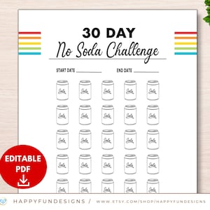 Rastreador imprimible de 30 días sin refrescos, rastreador de retos de 30 días, rastreador de hábitos editable, reto de pérdida de peso de 30 días, rastreador de hábitos saludables