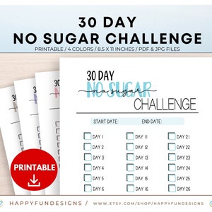 No Sugar Challenge, 30 Day Habit Tracker Printable, Sugar Detox, No Sugar Diet, Stop Sugar Cravings, Health Challenge, Healthy Habit Tracker