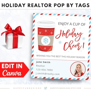 Christmas Pop By Printable, Editable Pop By Tag Canva, Realtor Christmas Marketing, Realtor Holiday Referral Marketing, Pop By Hot Chocolate