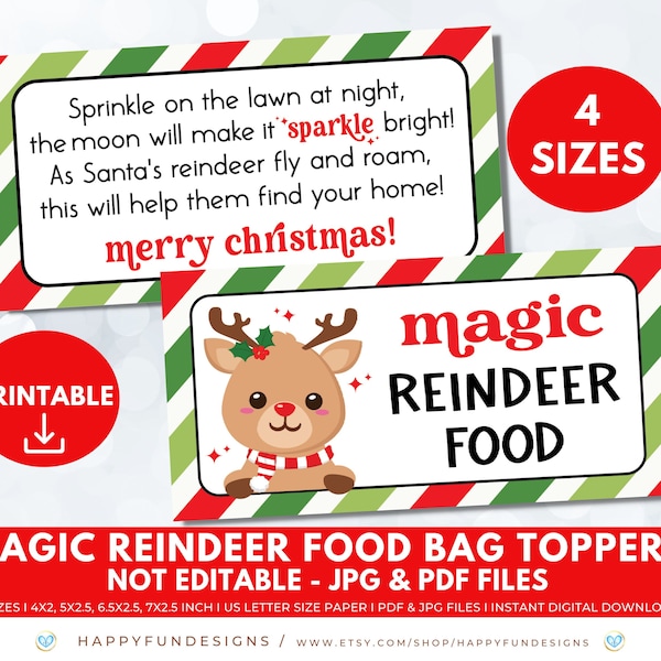 Reindeer Food Bag Topper, Magic Reindeer Food Printable Santa Reindeer Food, Magic Reindeer Food Poem Label Christmas Eve Box Filler for Kid