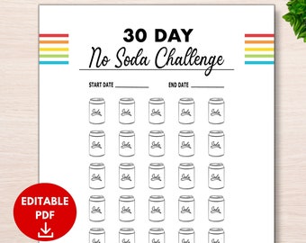 May include: A printable 30-day no soda challenge tracker. The tracker features 30 outlined soda cans with the word "Soda" written inside each can. The tracker has a space for the start date and end date. The text "30 Day No Soda Challenge" is written in black at the top of the page.