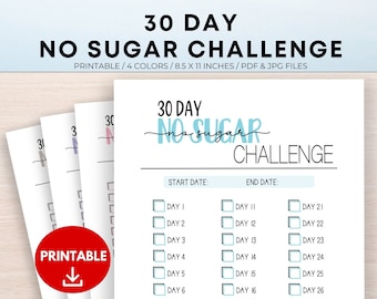 No Sugar Challenge, 30 Day Habit Tracker Printable, Sugar Detox, No Sugar Diet, Stop Sugar Cravings, Health Challenge, Healthy Habit Tracker